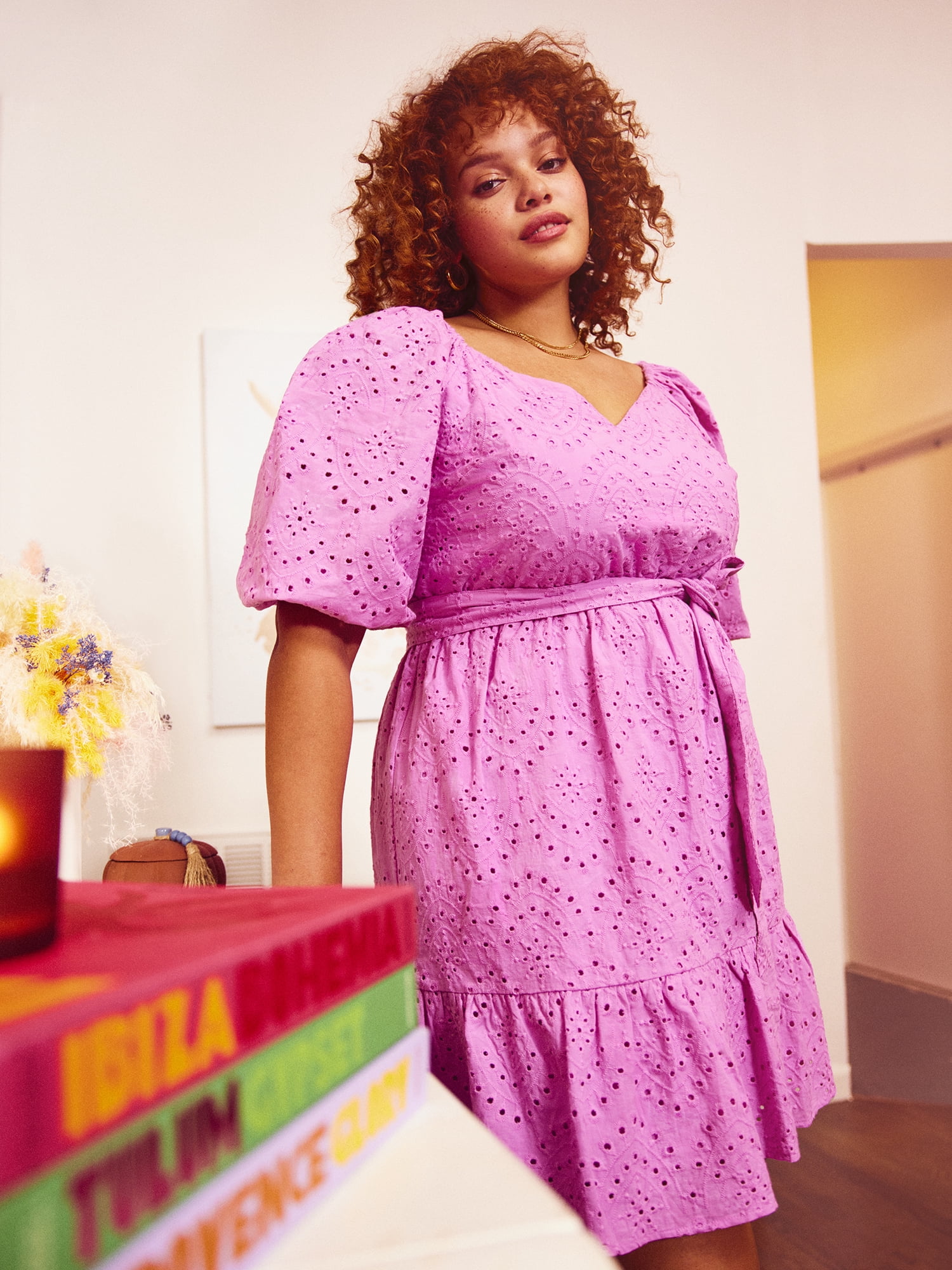 ELOQUII Elements Women's Plus Size Belted Eyelet Dress