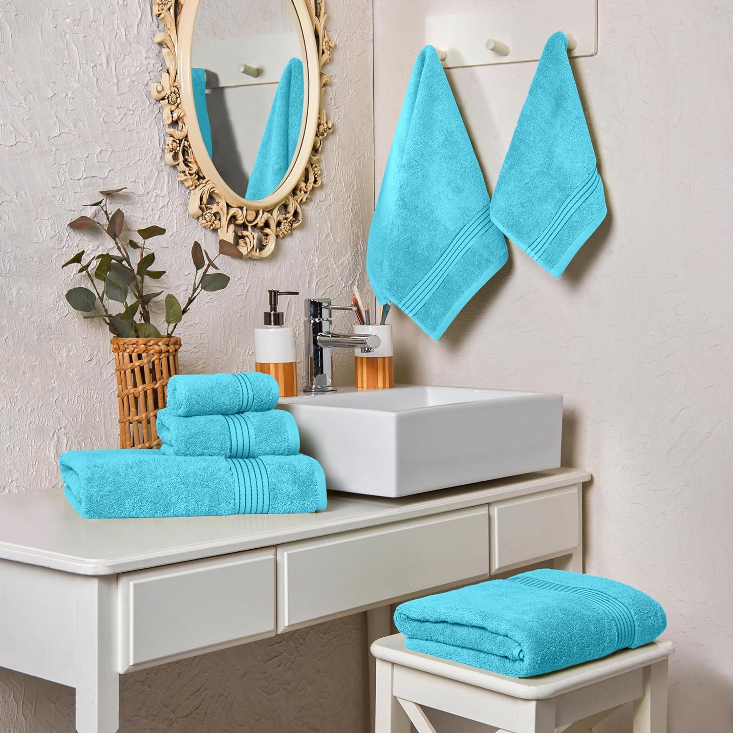 Elegant Comfort Cotton 6-Piece Towel Set, Includes 2 Washcloths, 2 Hand Towels and 2 Bath Towels, 100% Turkish Cotton - Highly Absorbent and Super Soft Towels for Bathroom, Aqua