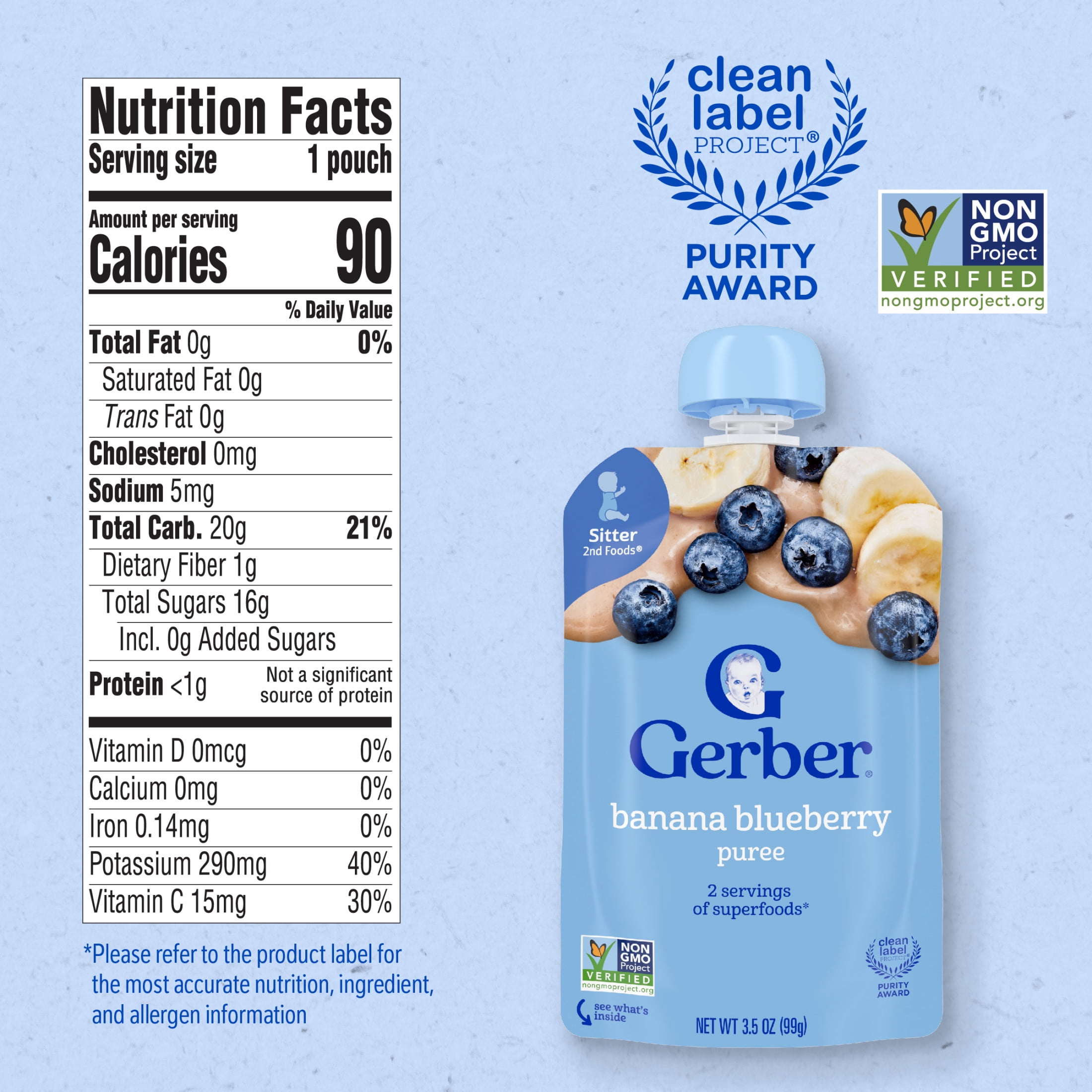 (3 pack) Gerber Toddler Foods, WonderFoods Banana Blueberry, Clean Label Project, 3.5 oz Pouch