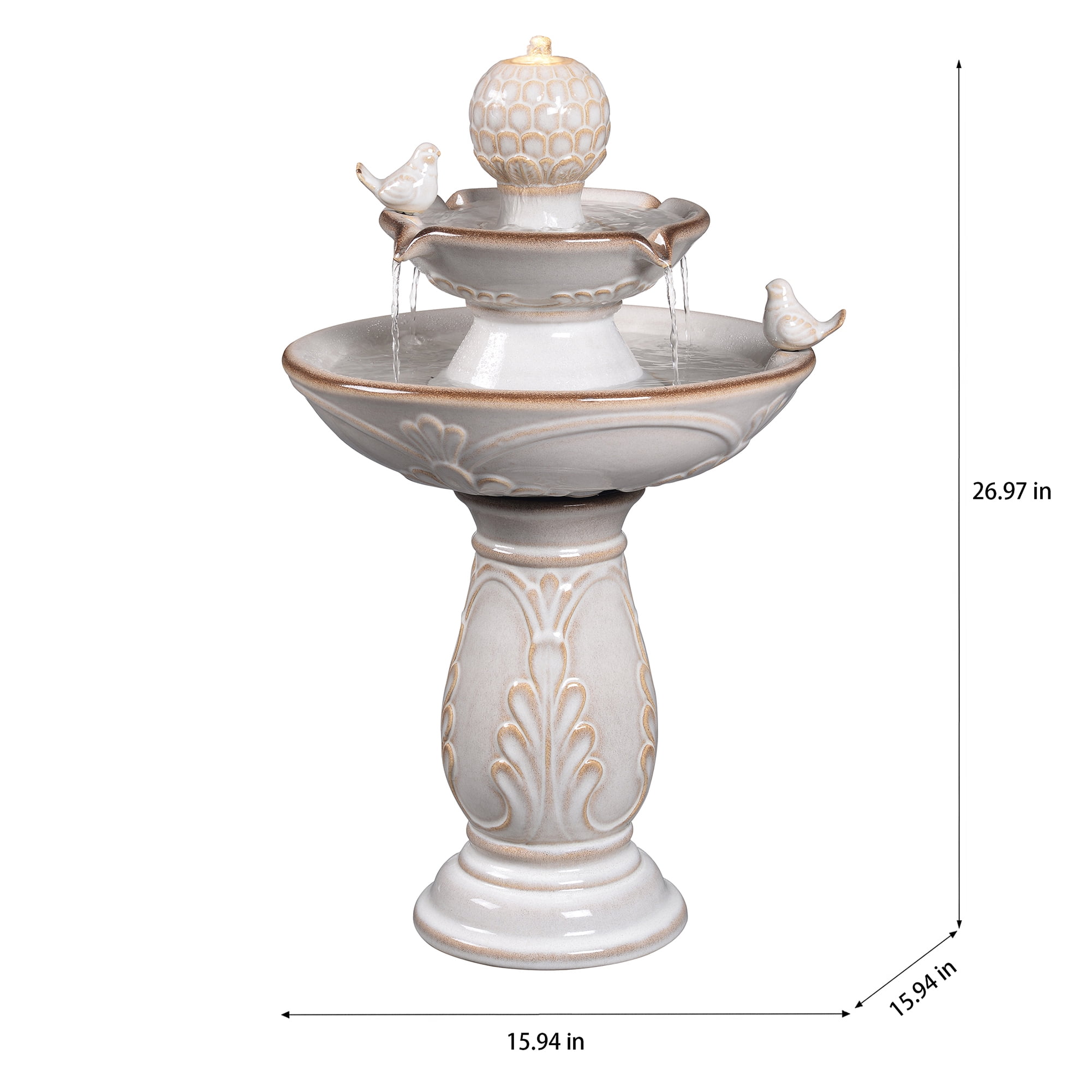 2-Tier Ivory Ceramic Bird Bath Fountain, Decorative Water Fountain with LED Lights and Quiet Pump, Indoor Outdoor Water Feature for Patio, Garden, Deck, Balcony