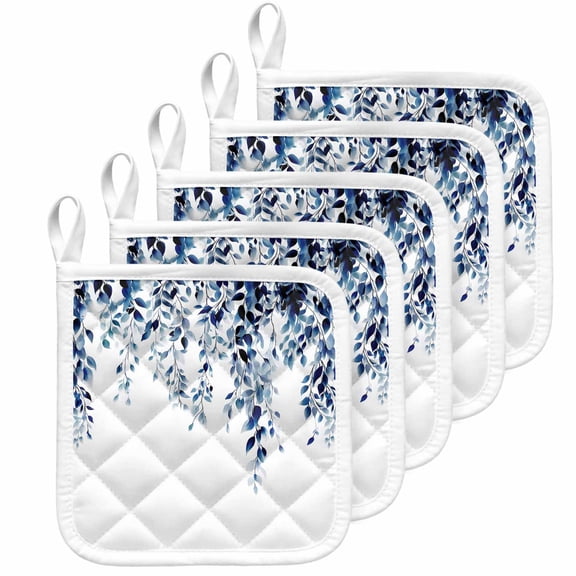 Blue Eucalyptus Pot Holders for Kitchen Heatproof Potholder, 5 Pack Weeping Botanical Leaf Watercolor Hot Pads Multipurpose Oven Pads Cloth Potholders Trivet for Cooking Baking