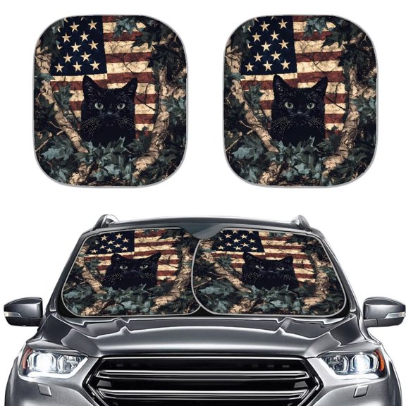 Uorisanigo American Flag Forest Black Cat Car Sun Shade Folding 2 Piece Car Sunshades for Windshield Car Decor Reflective Polyester Blocks Heat and Sun Keeping Your Vehicle Cooler