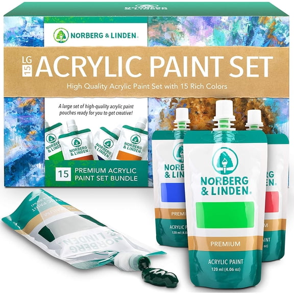 Norberg & Linden Acrylic Paints 15 Large Tubes (4oz 120 ml) for Canvas Painting Premium Acrylic Paint Set - Pouches of High-Pigment Colors