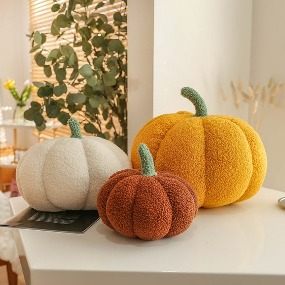 TETOU 3Pcs Hallowe'en Stuffed Pumpkin Fluffy Plush Toy, 3D Shaped Decorative Thanksgiving Pillow, Soft Pumpkin Sofa Throw Pillow Cushion for Bedroom Sofa Couch Home Decoration - Yellow, White, Brown