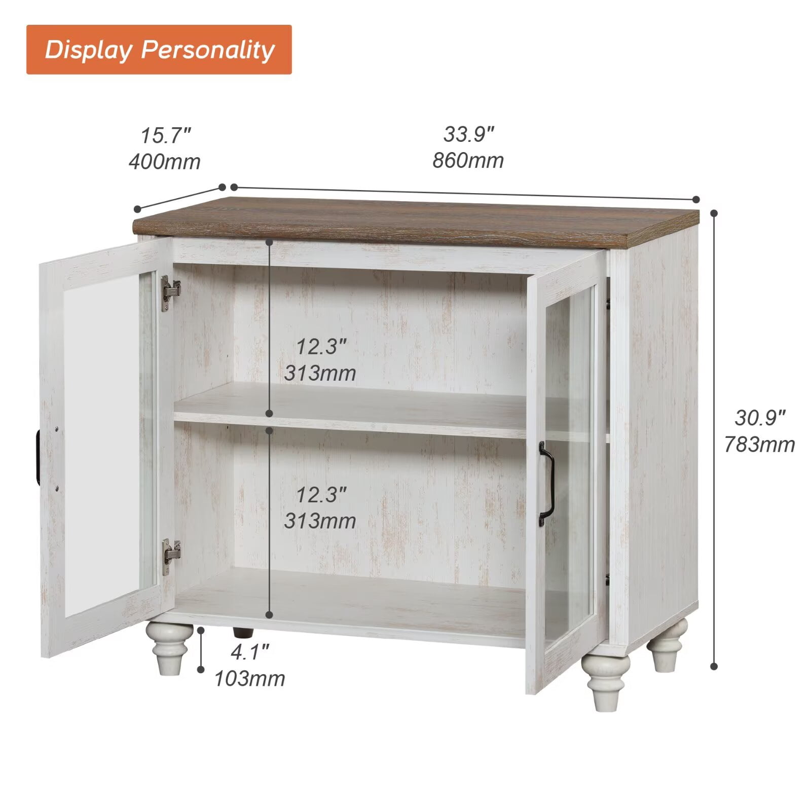 Rustic white Buffet Cabinet with Glass Door, Kitchen Storage Cabinets with Adjustable Shelf, 34 inch