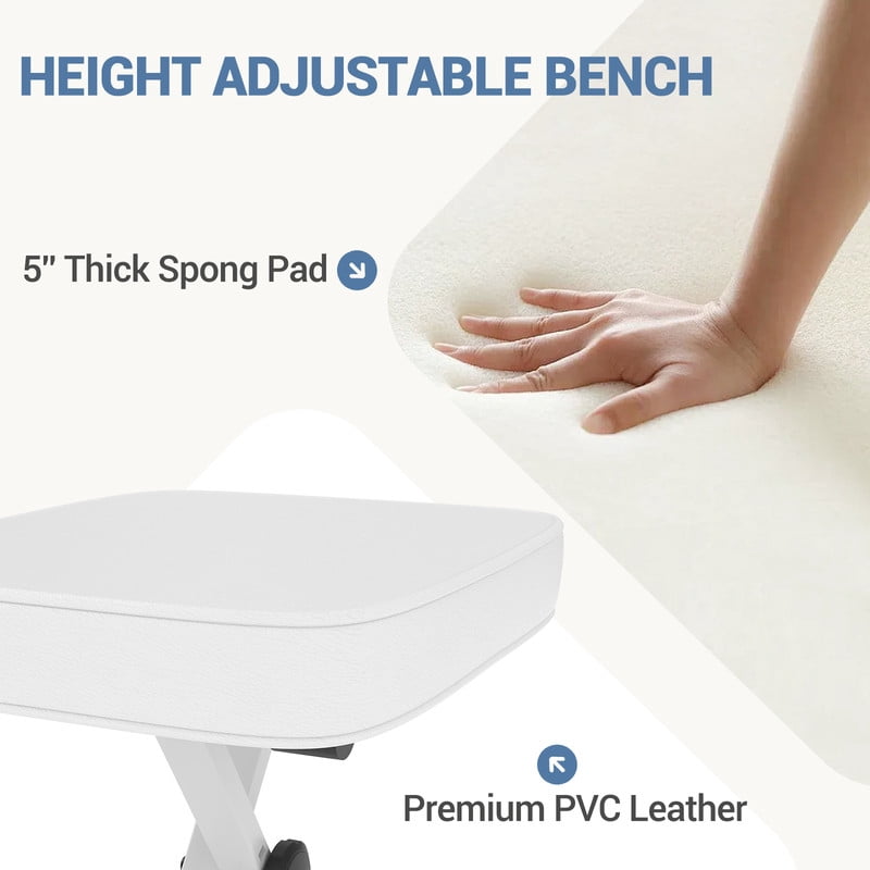 Gianna 2 Pack Portable Adjustable Piano Bench, Folding Keyboard Stool with Thick Padded Seat, Non-Slip Feet, White