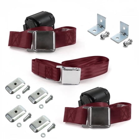 SafeTBoy Airplane 2 Point Burgundy Retractable Bench Seat Belt Kit with Bracketry for VW Type 1 1958-1967 - 3 Belts