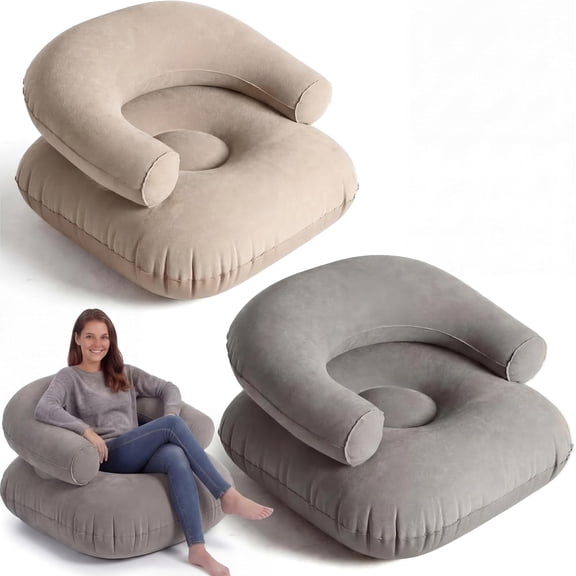 2 Pcs Inflatable Lounge Chair Deck Chair Lazy Sofa, Blow Up, Folding, Portable Couch for Home, Office Balcony, Floor Seating (Beige,Dark Grey)