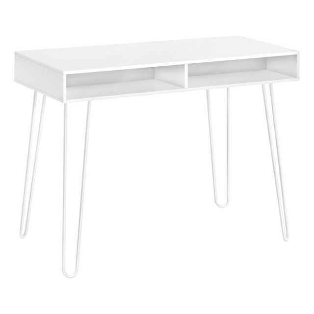 Monarch Specialties white modern computer desk with metal hairpin legs, 40-inch length, featuring two open storage drawers for home office or laptop use.