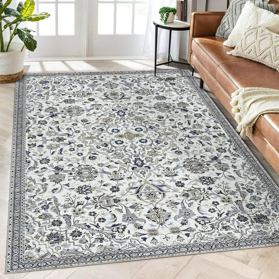 HOMERRY Indoor Washable 4' x 6' Area Rug Vintage Floral Rug for Living Room Non-Slip Floor Carpet for Bedroom, Gray/Green