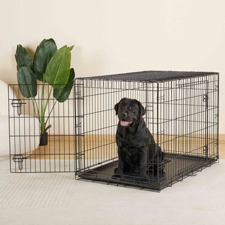VIBRANT LIFE WIRE DOG CRATE, DOUBLE-DOOR, DIVIDER AND LEAK-PROOF TRAY, METAL, FOLDABLE, DURABLE, BLACK, 42″