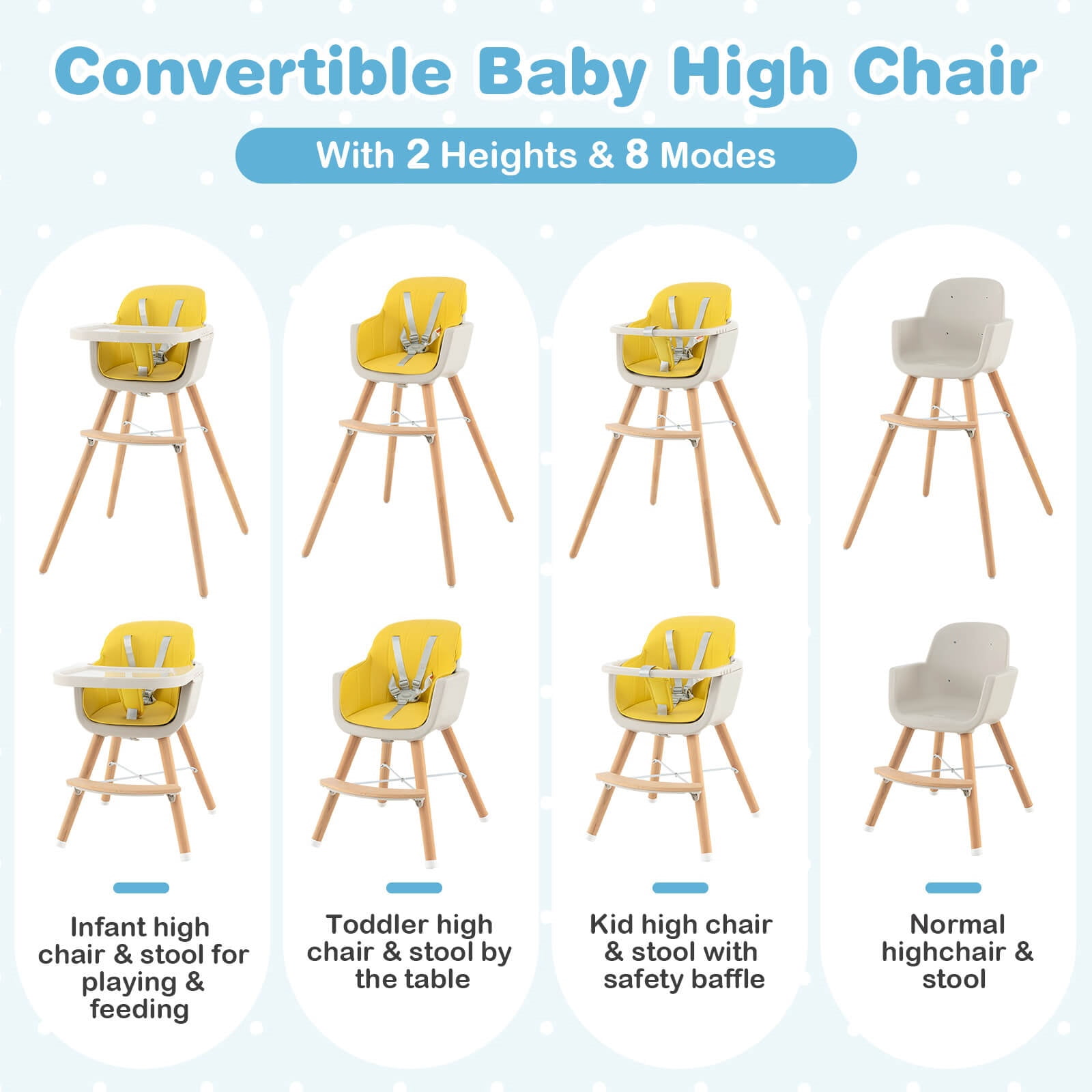 Infans 3 in 1 Convertible Wooden High Chair Baby Toddler w/ Cushion Yellow