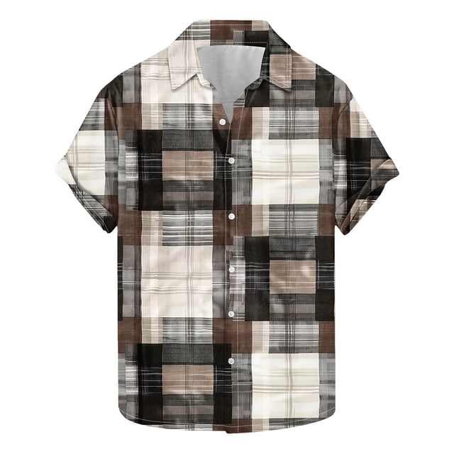 Camisas de Manga Corta de los Hombres Vintage Cuadrado Impreso Solapa Superior, Poliéster Ligero para Primavera Verano Casual Y Diario