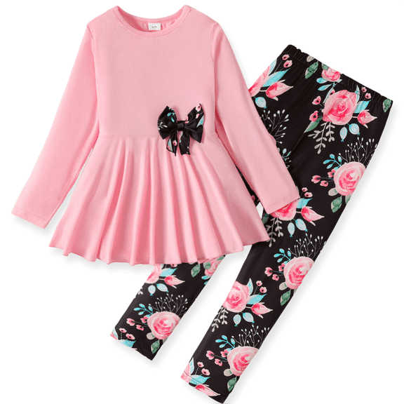 PatPat Kid Girl Clothes 2 Pieces Bowknot Long Sleeve Top Dress Floral Allover Pants Leggings Outfits Set Sizes 5-12