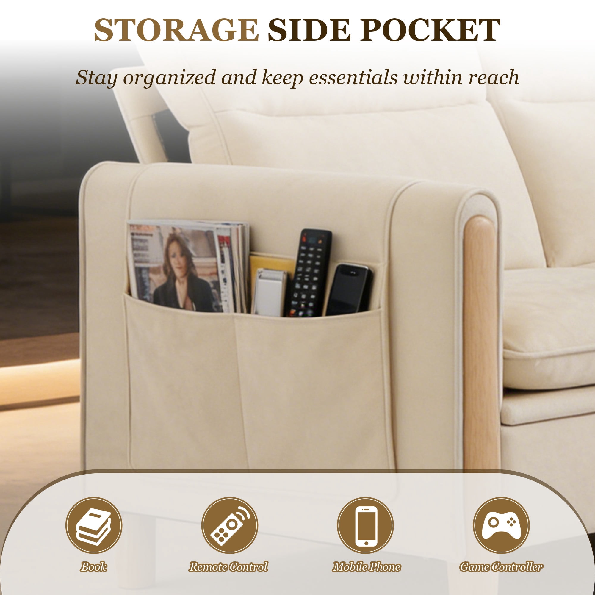 MOONMISS 3-Seater Chenille Sectional Sofa with Side Pocket for Living Room,Beige