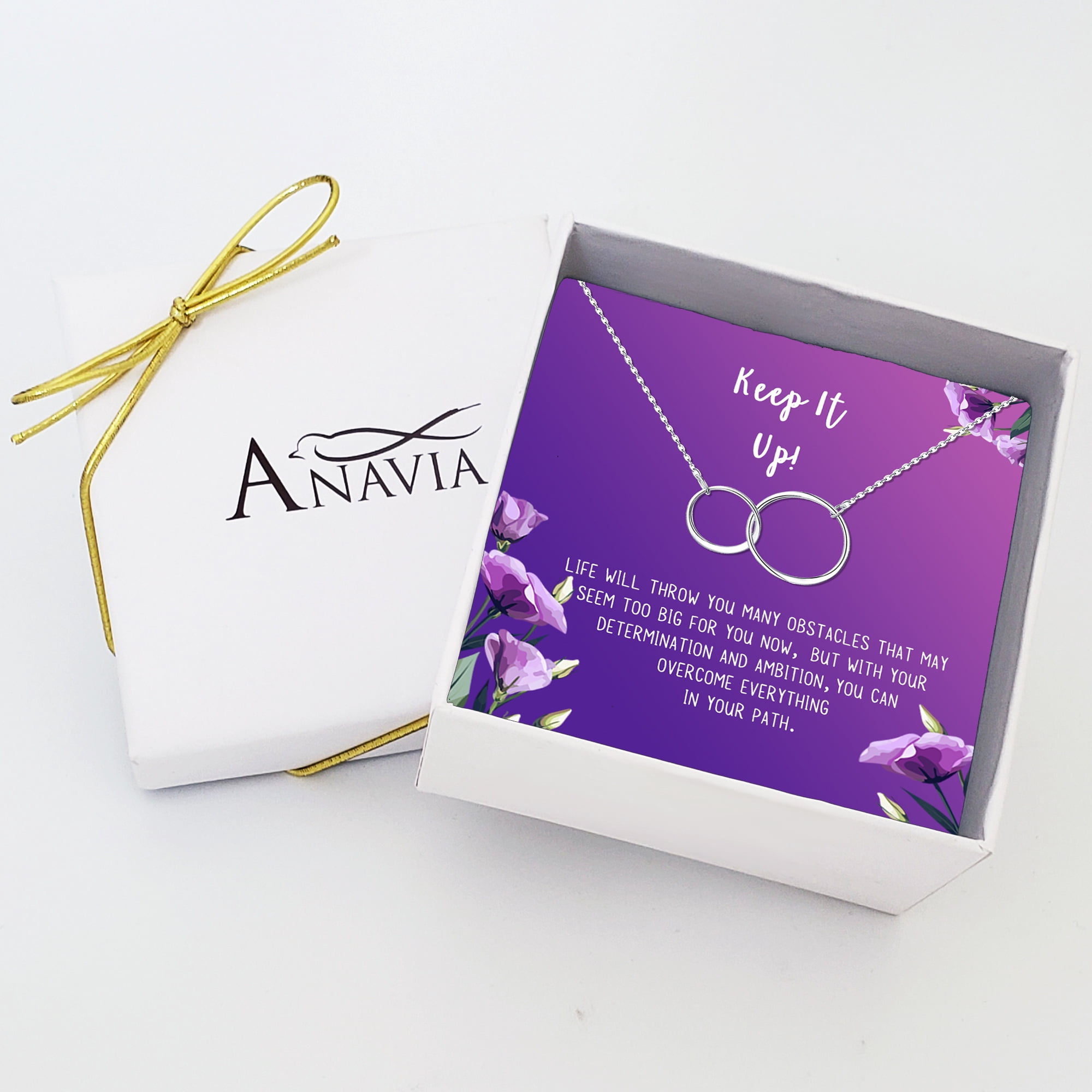 Anavia Keep It Up Card Gift Jewelry, Inspirational Card Necklace, Cheer up Gift, Encouragement Gift for Friend-[Silver Infinity Double Ring,Royal Purple Gift Card]