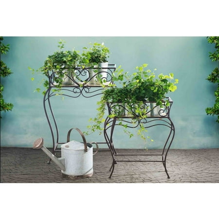Sunjoy 110302013 Wrought Iron and Wood Plant Stands, Set of 2, 31\