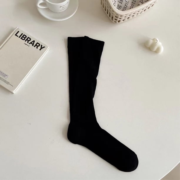 Xiao Hua 3 pares de calcetines casuales de tubo de algodón hasta la rodilla para mujer, de punto liso, largos hasta la rodilla, regalo para toda la temporada, elásticos, suaves (negros)