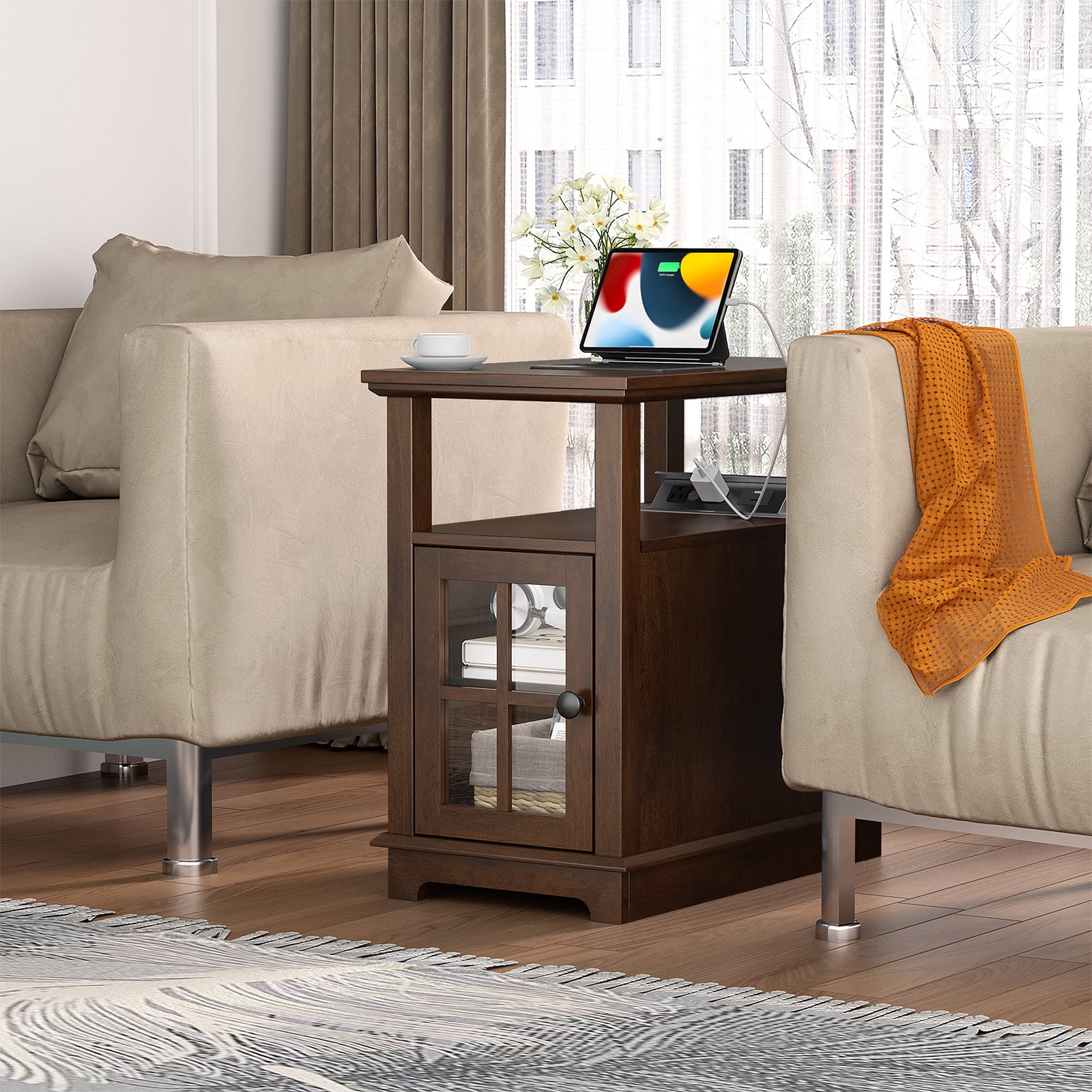 FAGAGA End Tables with Charging Station for Living Room, Wooden Nightstand for Bedroom,Cherry