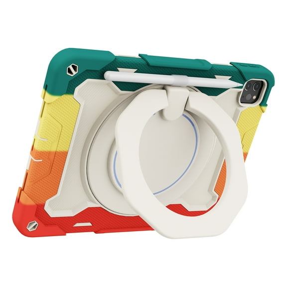 K-Lion for iPad Pro 11 inch & iPad Air 4th/5th Heavy Duty Rugged Case, 3 Layers Multi-Functional Ring Bracket Pencil Holder Kickstand Shockproof Armor Silicone Case,Rainbowred