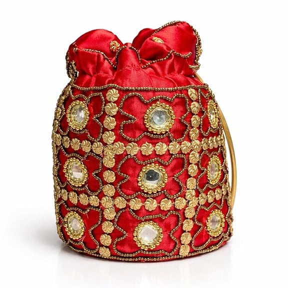 Handcrafted Embroidered Potli Bag for Women with Mirror Work and Beaded Design Traditional Drawstring Pouch Purse for Wedding Party and Festive Use-Red