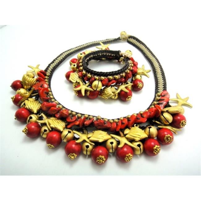WNK International SREG006 Brasstone Red Coral and Bead Necklace and Bracelet Set by WNK International