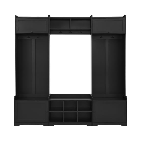 79.1'' Wide Modern Hall Tree with Shoe Storage, 4-in-1 Entryway Bench with 8 Cubbies, 7 Coat Hooks and Adjustable Shelf, Perfect for Hallway & Living Room, Black