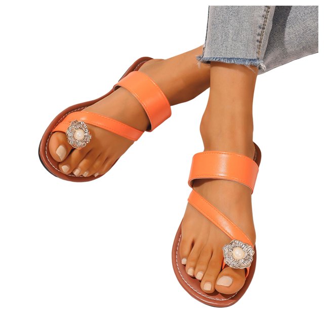 Womens Flip Flops Bohemia Beach Summer Flower Pearl Toe Loop Slip on Flats Sandals Vacation Dress Slides