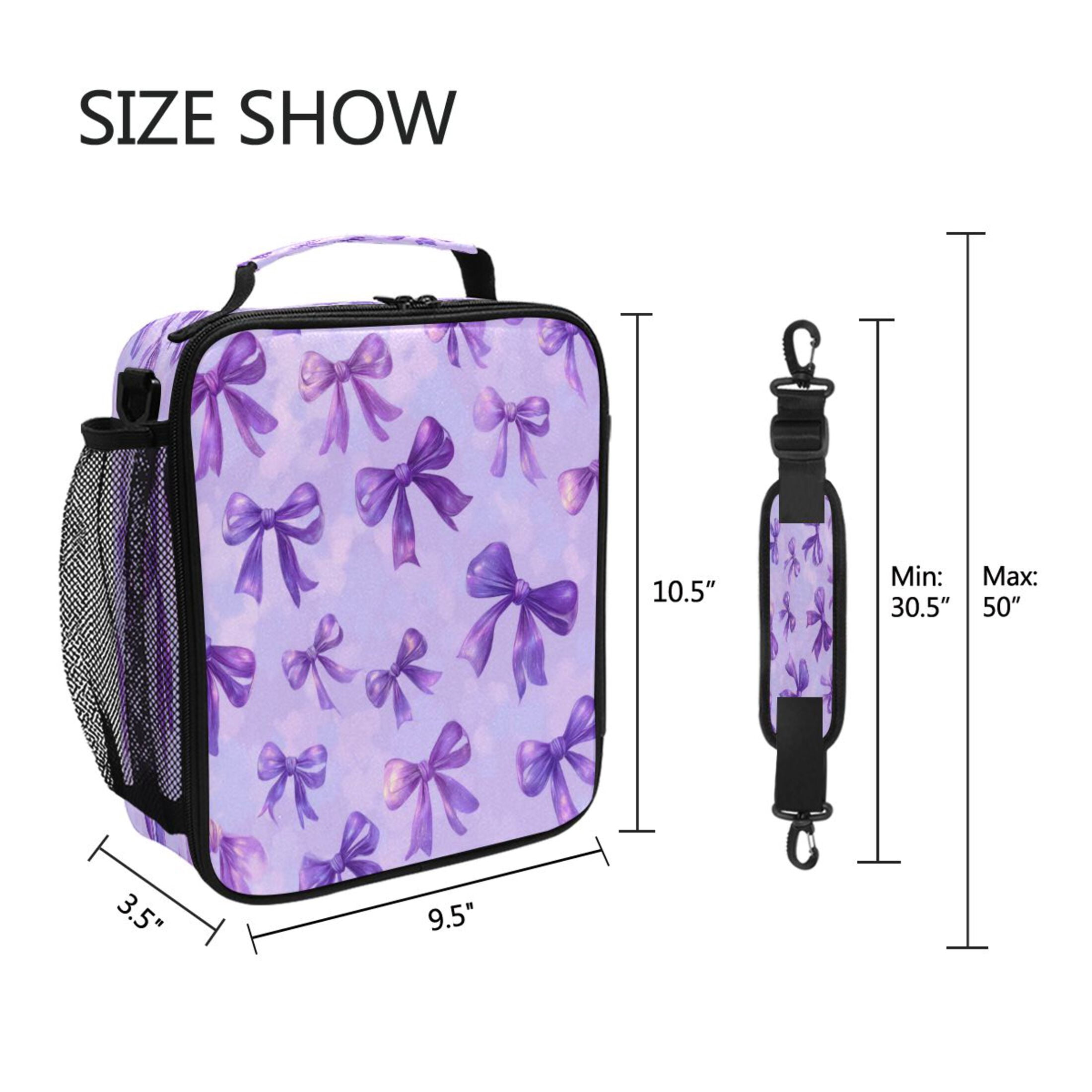 10.5X9.5in Square Insulated Lunch Bag Leak-proof Lunch Box for Outdoor Work Picnic Vibrant Purple Bows Pattern