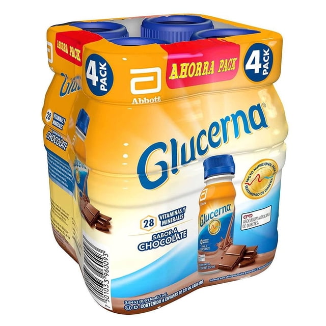 fórmula para alimentación glucerna enteral especializada chocolate 4 pzas de 237 ml c/u pack de cuatro botellas frontales con tapa azul; envases plásticos de 237 ml con etiqueta que muestra porción de chocolate y las leyendas "28 vitaminas y minerales" y "sabor a chocolate", empaque shrink wrap amarillo y azul sobre fondo blanco.