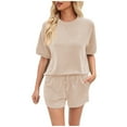 thumbnail image 2 of Sales Today Clearance Iumwxz Ribbed Matching Sets with Pockets Plus Size Summer Outfits Solid Round Neck Short Sleeve Drawstring Shorts 2 Piece Sets for Women Valentines Day, 2 of 7