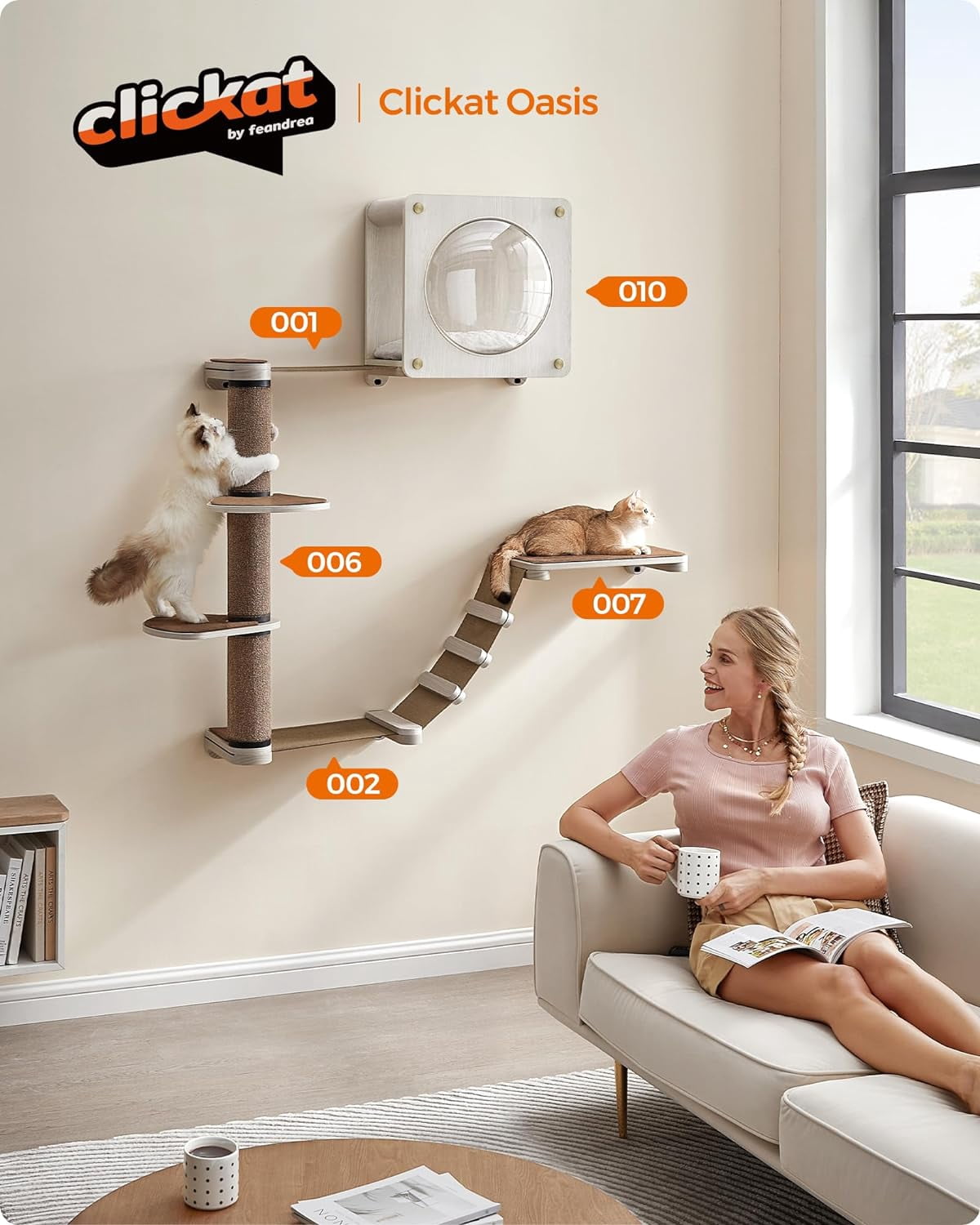 Feandrea Clickat Oasis - Cat Wall Furniture Set of 5 Cat Wall Shelf Wall-Mounted Cat Hammock Scratching Post Cave Extremely Quick Assembly Unlimited Expandability Replaceable Module and Parts
