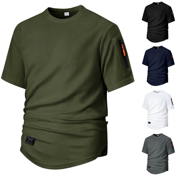 Antinious Men Solid Round Neck Arm Zip Short Sleeve Loose Daily Casual Tops