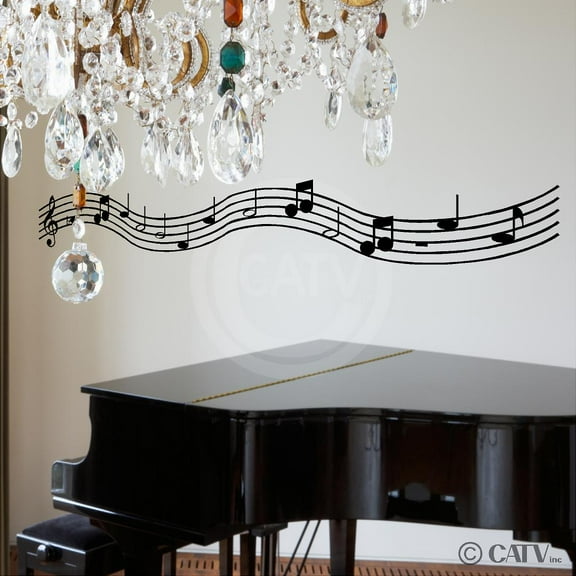 Music Scale With Notes Vinyl Wall Decal Music Room Sticker Home Decals Vinyl Lettering Size: 6"H x 44"L - Color: Black