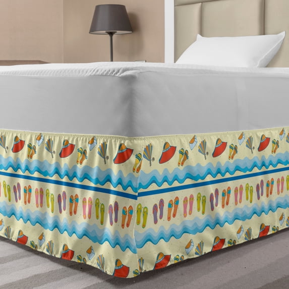 Flip Flop Bed Skirt, Absurd Illustration of Sandy Beach with Flowing Sea Waves Straw Hats and Purse, Elastic Bedskirt Dust Ruffle Wrap Around for Bedding Decor, 4 Sizes, Multicolor, by Ambesonne