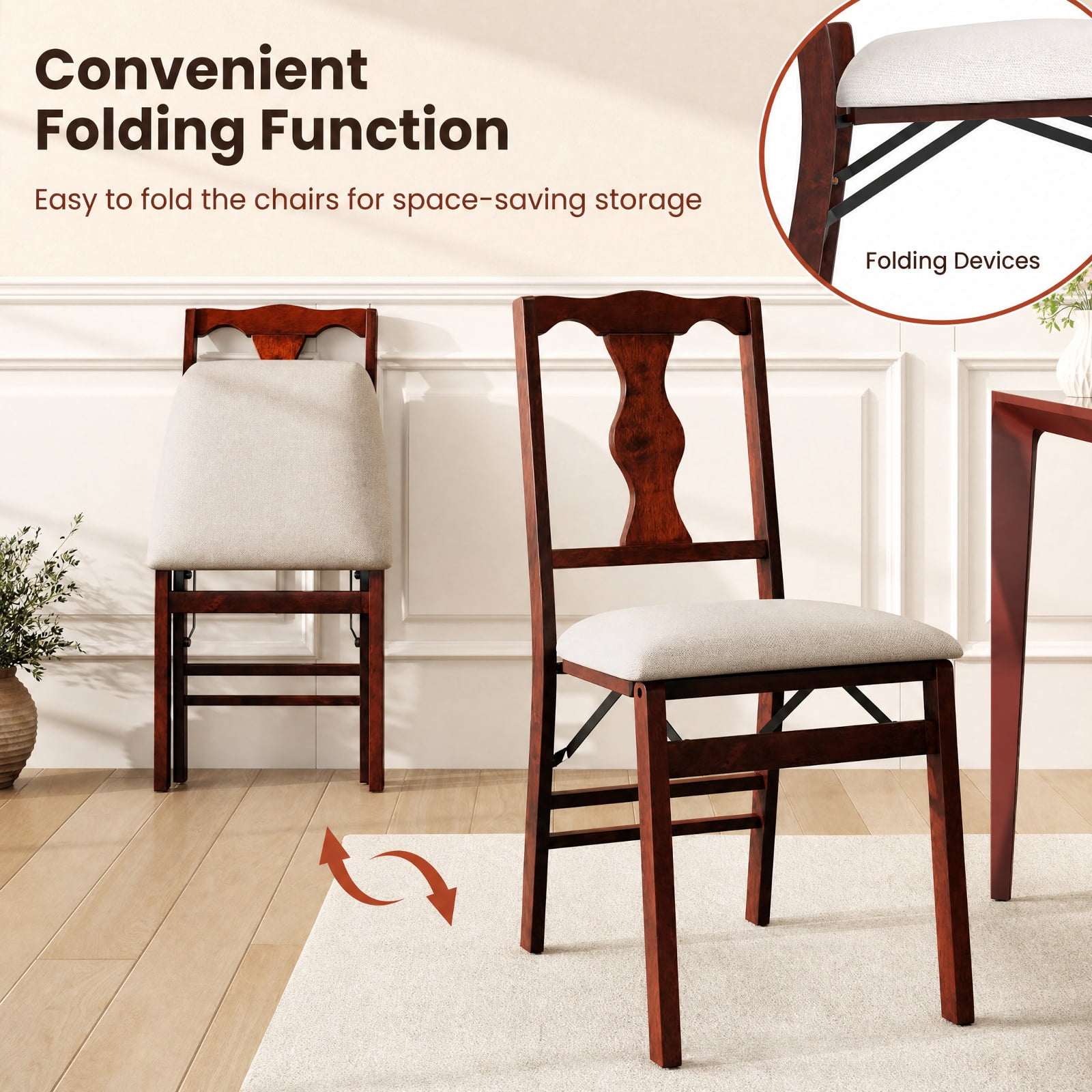 Furnibear Folding Chairs Set of 2 Upholstered Dining Chairs with Comfy Padded Seats for Kitchen Dining Room Living Room Home, Brown