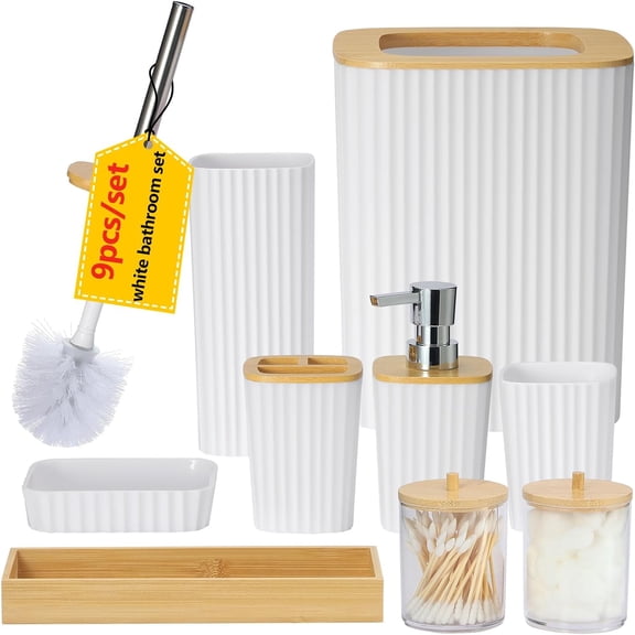 Bathroom Accessory Set,9 Pieces White Bathroom Accessories Set with Trash Can, Toothbrush Holder, Soap Dispenser, Toothbrush Cup, Vanity Tray, Soap Dish, Toilet Brush, Qtip Holder