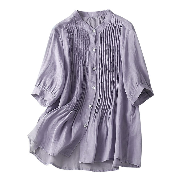 Long Tops for Women Summer Casual Cotton Linen Button Down Shirts Loose V  Neck Tees Blouses Wear with Leggings (X-Large, Purple)