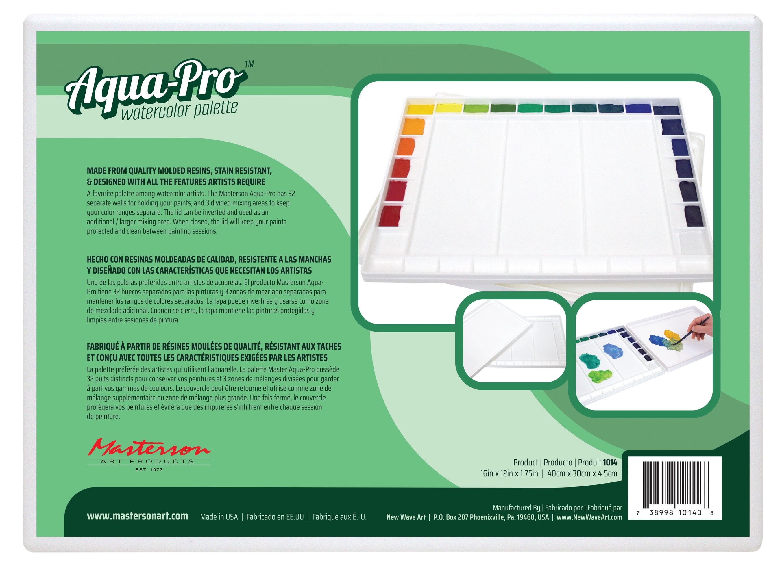 Masterson Aqua-Pro Watercolor Palette 11.5x15.5, 32 Wells w/ Lid to Keep Paints Fresh, Made in USA