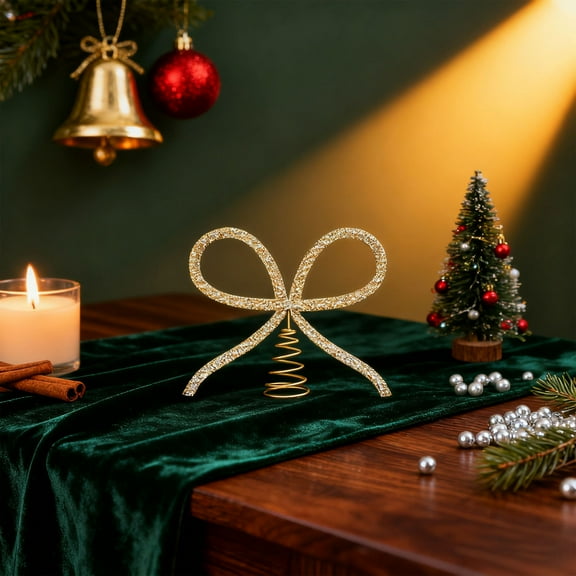 Christmas Decorations - Christmas Decor - Gold Metal Rhinestone Bow Tree Topper - Xmas Holiday Tree Top Decoration for Indoor Outdoor Home Room Party(8 inch)