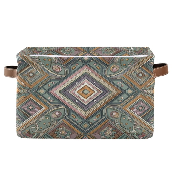 1-Pack Square Closet Organizers with Handles Open Basket Bins Intricate Brown Batik Pattern Storage Basket for Home Office