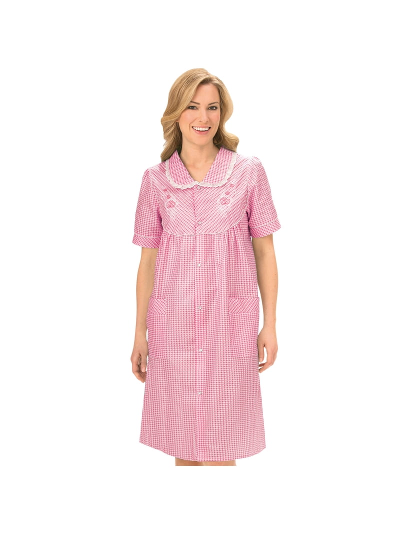 Collections Etc Women's Gingham Housecoat, Floral Accents, Snap