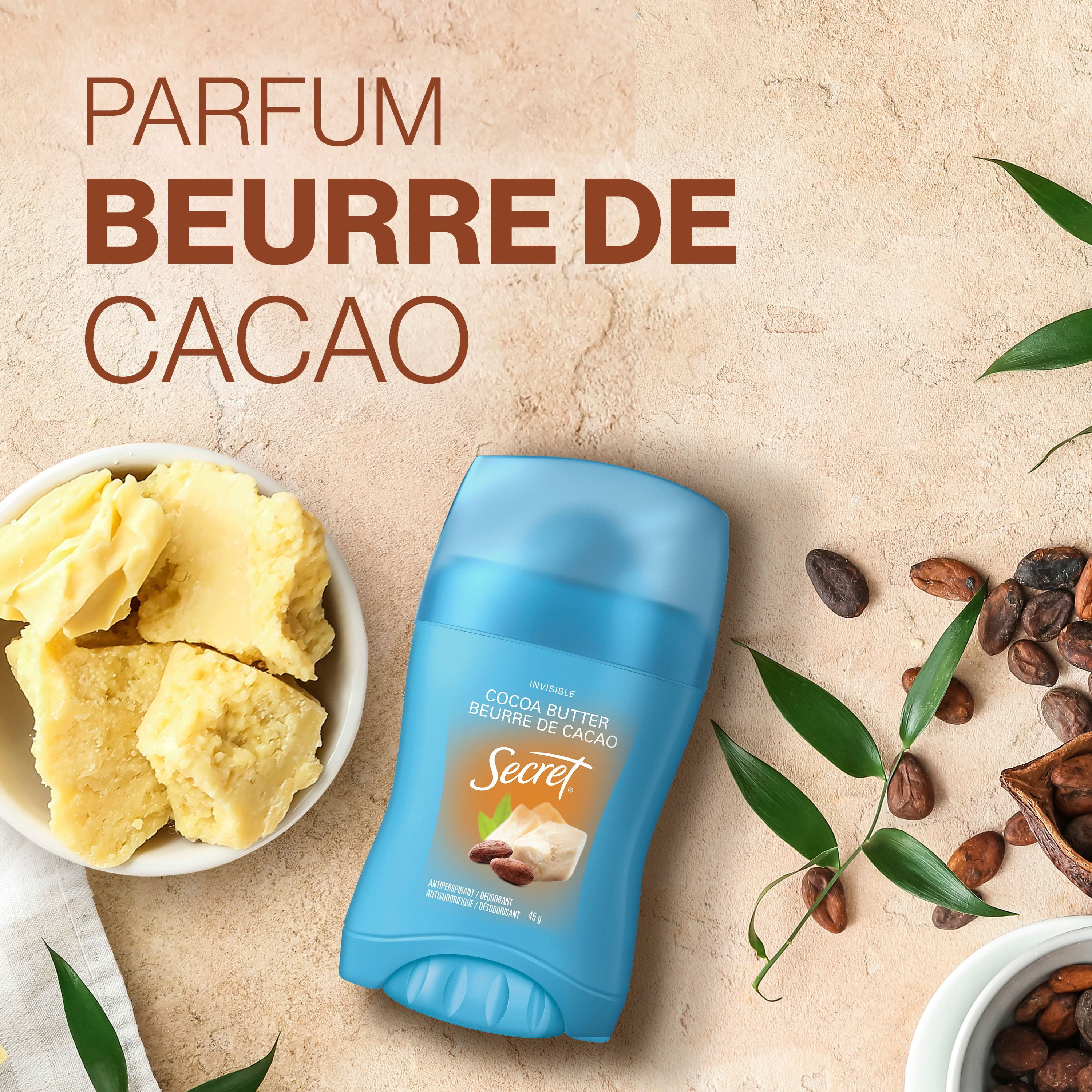 Antisudorifique et désodorisant invisible en bâton Secret Fraîcheur, Beurre de cacao
