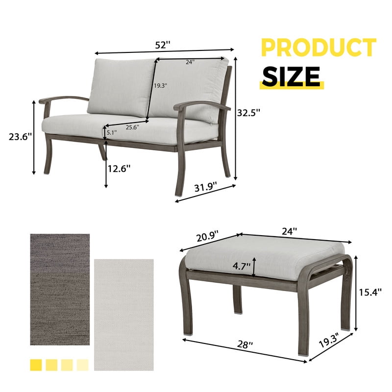 7 Piece Aluminum Patio Furniture Set, 3-Seat Sofa with Outdoor Loveseat, Outdoor Sectional Sofa with Ottomans and Coffee Table, Garden Conversation Set with Armchairs for Lawn Deck