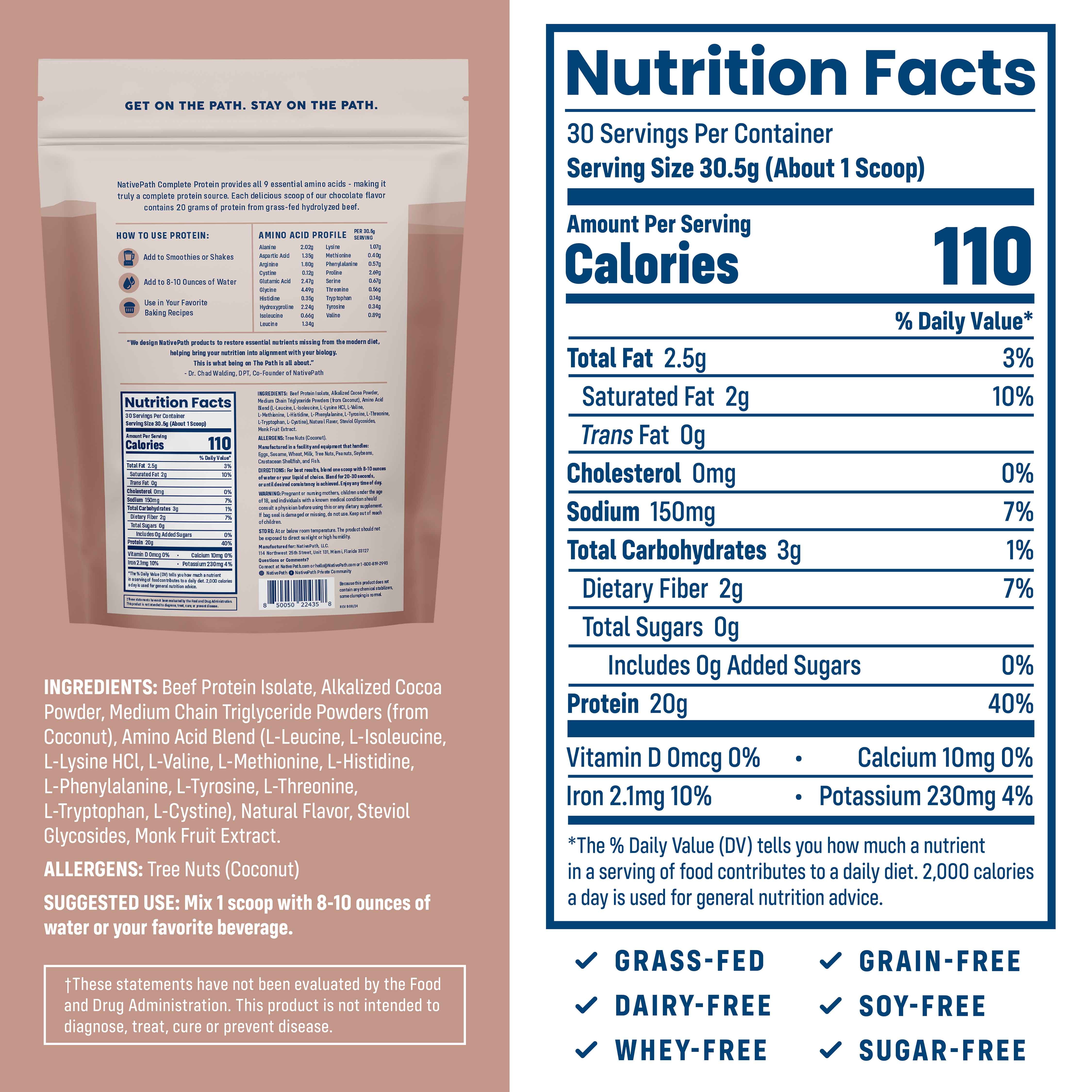 NativePath Beef Protein Powder Chocolate, 20g Grass-Fed Isolate, Dairy-Free Keto, 30 Servings