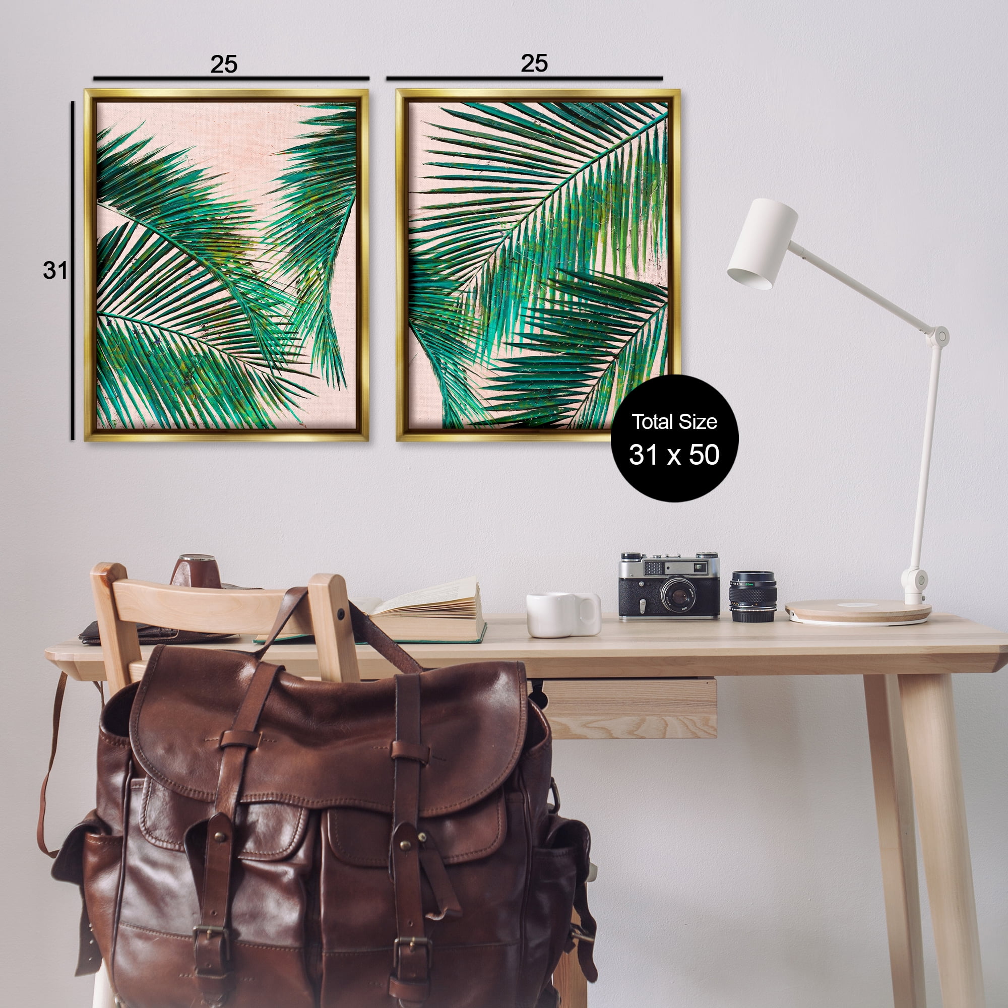 Stupell Industries Tropical Palm Fronds Plants & Flowers Painting Gold Floater Framed Canvas Art Print Wall Art, 31 x 25, Set of 2
