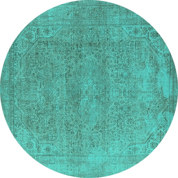 Ahgly Company Machine Washable Indoor Round Oriental Turquoise Blue Industrial Area Rugs, 7' Round