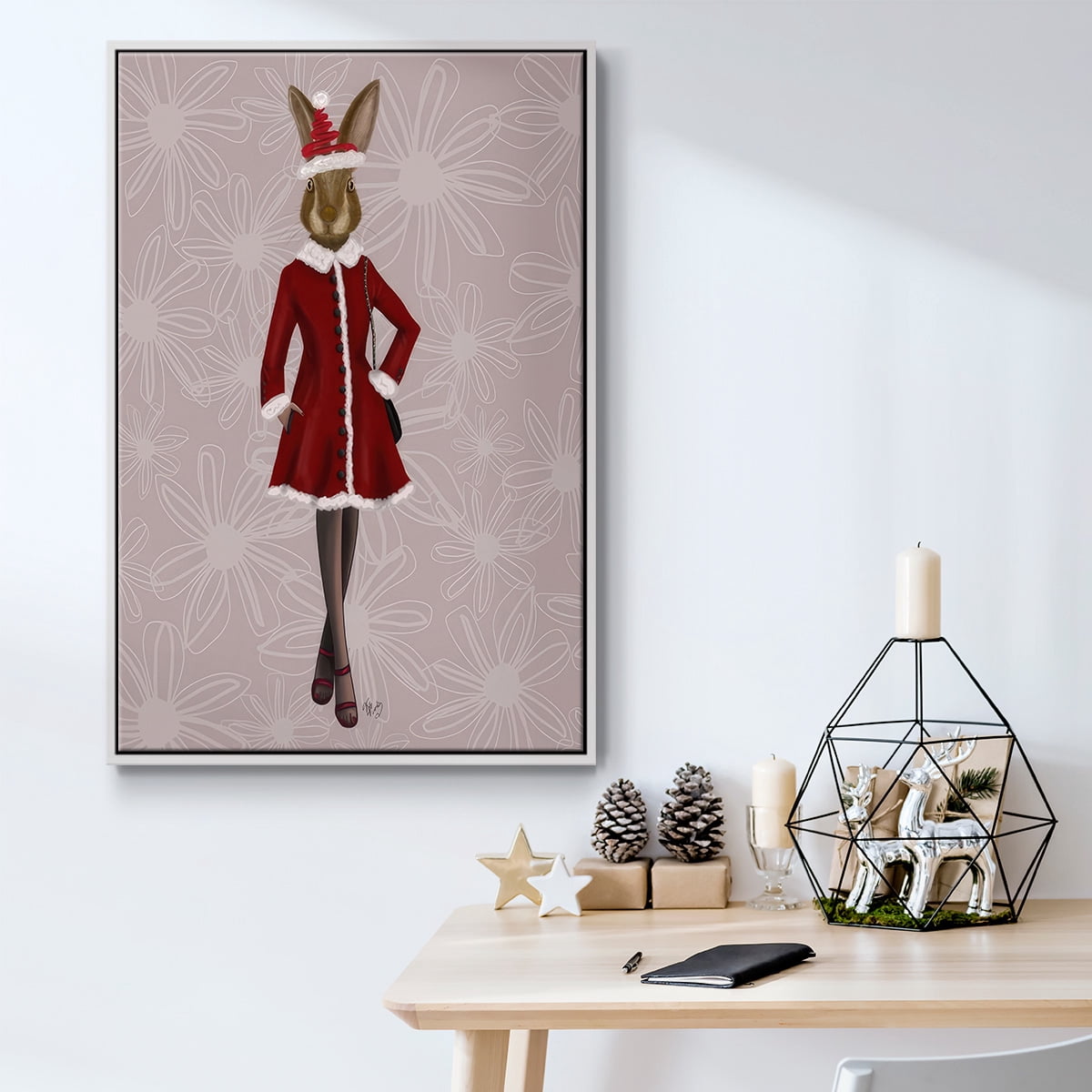 Christmas Christmas Fashion Bunny - Framed Gallery Wrapped Holiday Canvas - 27 x 41 - White Frame