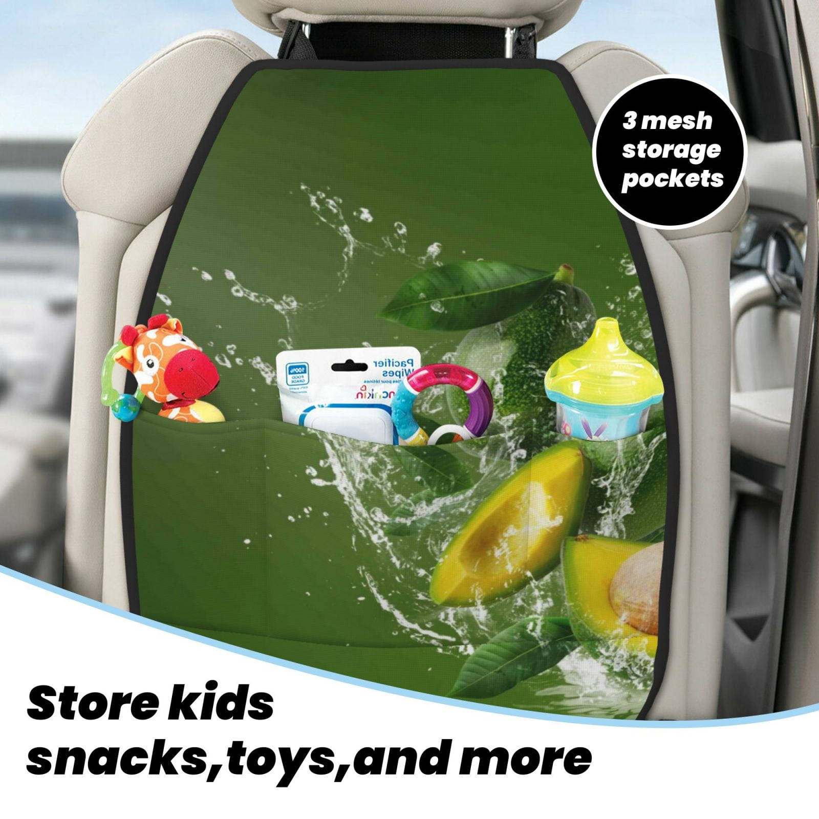 Xecao Friut Avocado Pattern Car Seat Back Protector 2 Pack Large Capacity Pocket, Kick Mats Back Seat Protector