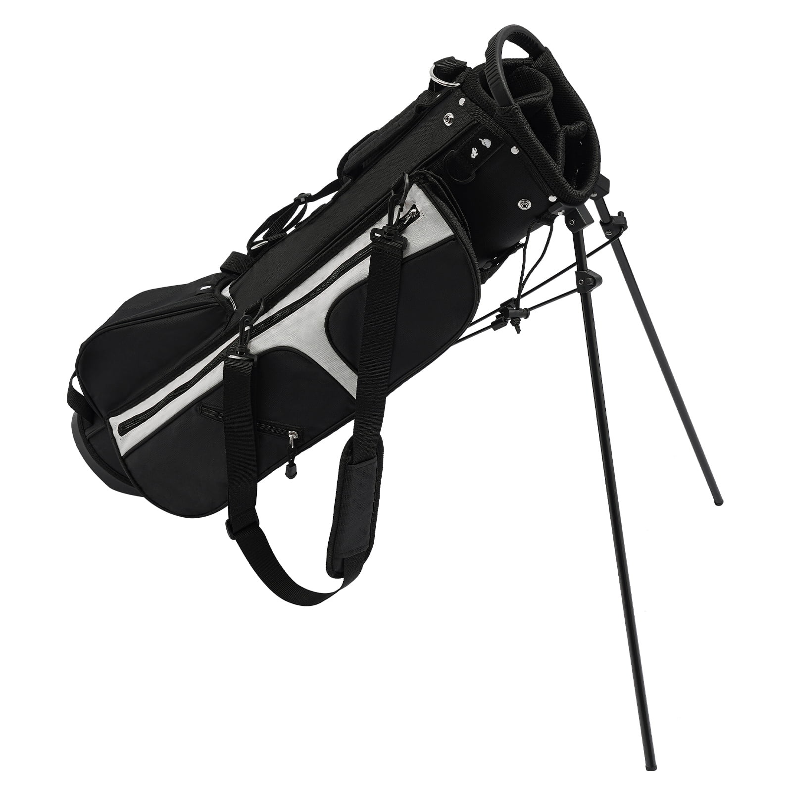 ToppiJoy Portable Golf Stand Bag Lightweight with 3 Dividers & 5 Pockets, Adjustable Shoulder Strap, Stable Stand for Driving Range, Par 3 & Executive Courses(Black+White)